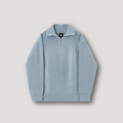 Rib Knit Quarter Zip Light Blue Knitted Sweater