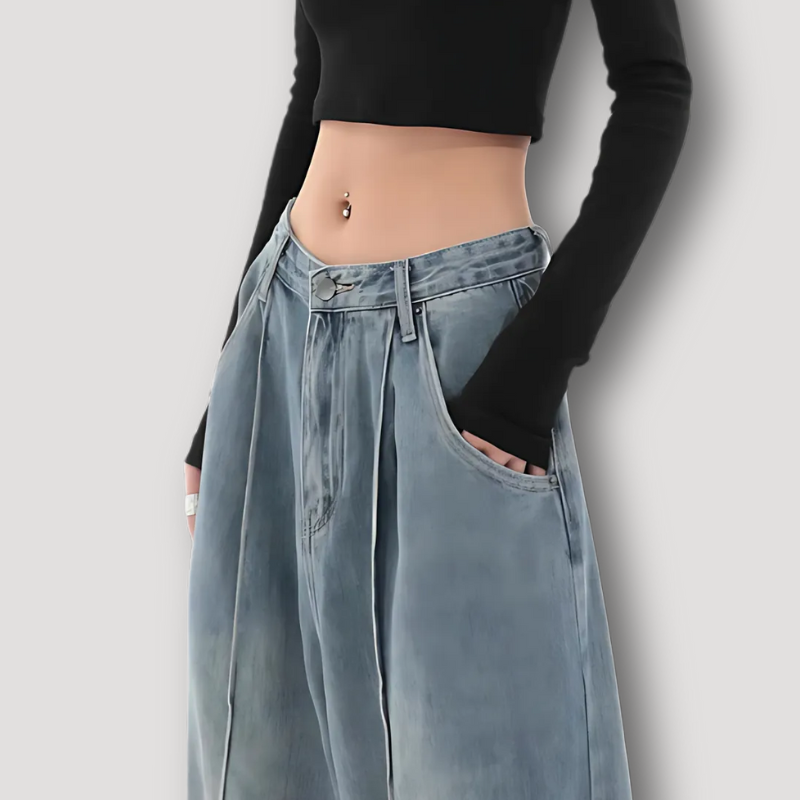 Straight Leg Pleated Denim Skater Jeans Baggy Pants Woman