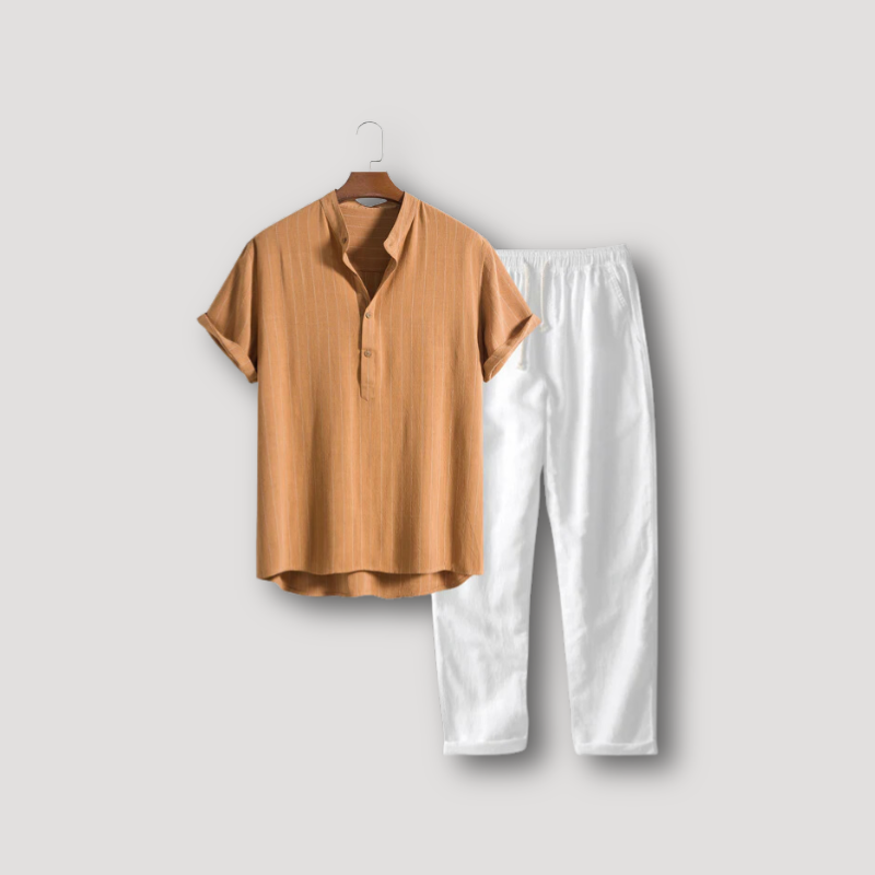 2 Piece Sets Half Button Up Shirt & Linen Pants on Men