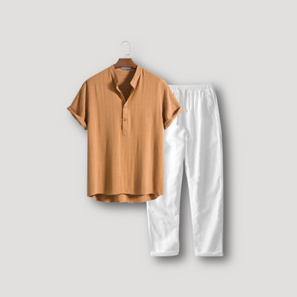 2 Piece Sets Half Button Up Shirt & Linen Pants on Men