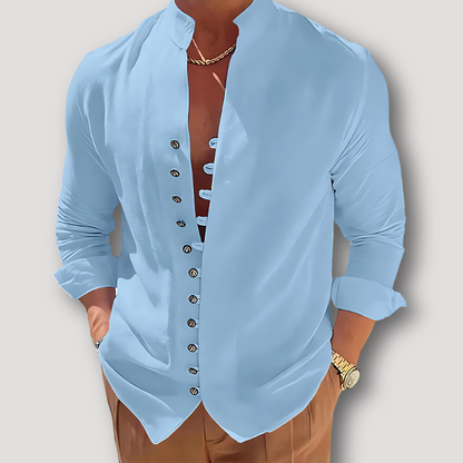 Asymmetric Buttons Long Sleeve Henley Linen Shirt for Man