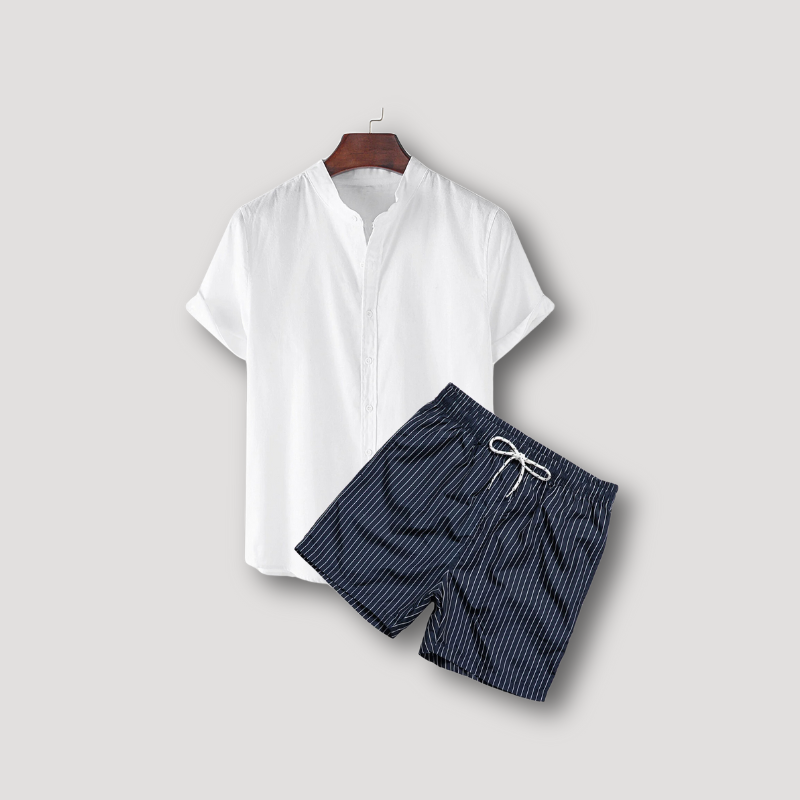 White Henley Button Up Shirt & Striped Shorts for Men