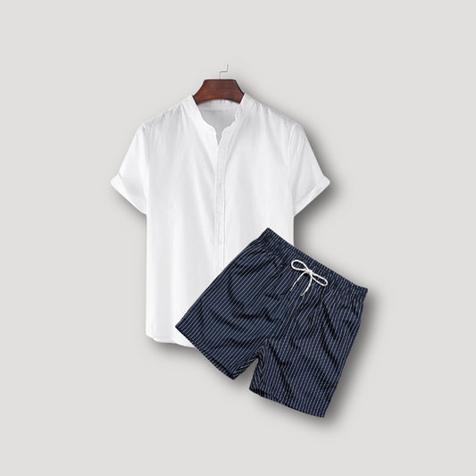 White Henley Button Up Shirt & Striped Shorts for Men