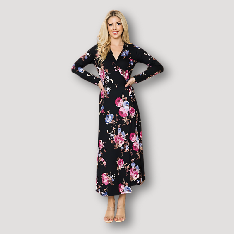 V-neck Floral Long Sleeve Maxi Wrap Dress Australia