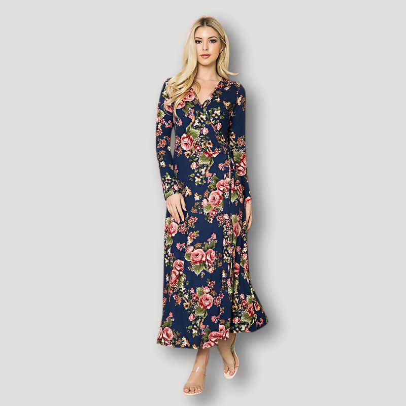 V-neck Floral Long Sleeve Maxi Wrap Dress Australia