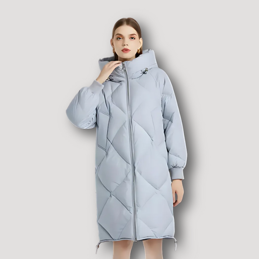 Quilted Diamond Pattern Hooded Long Puffer Coat for Ladies