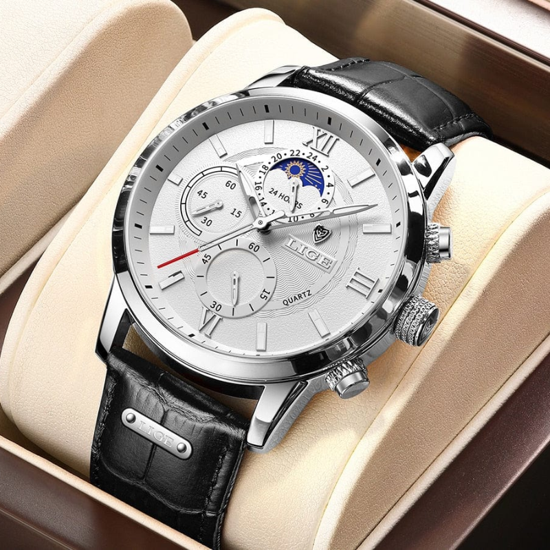 Lige Luxury Leather Strap Watch for Men