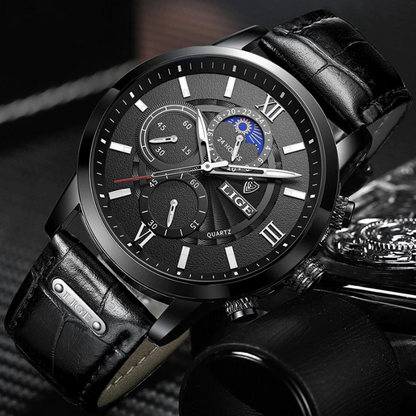 Lige Luxury Leather Strap Watch for Men