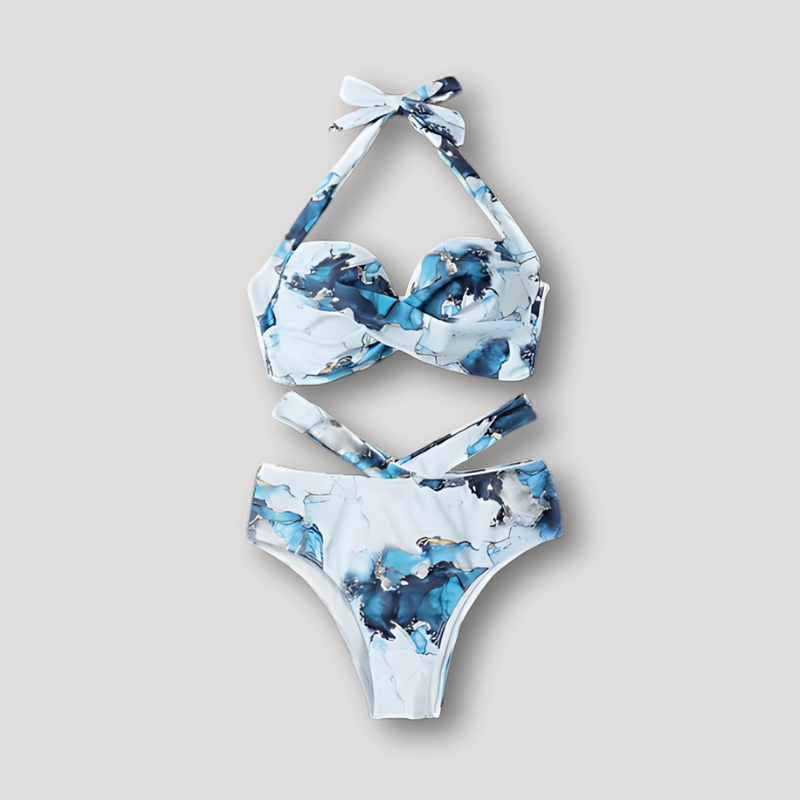 Neck Strap Marbled Print Two Piece Swimsuit High Waisted Bikini Set