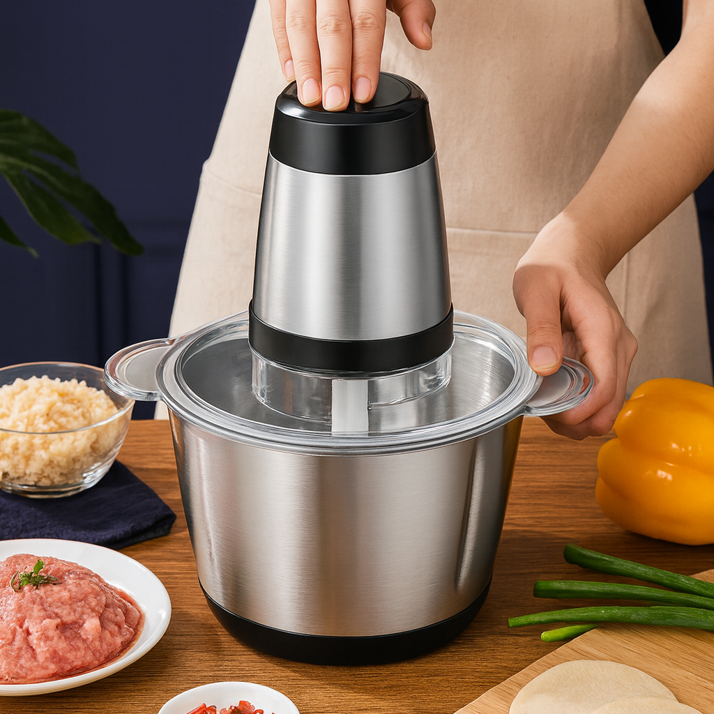 Person using a food chopper on a kitchen counter with ingredients around