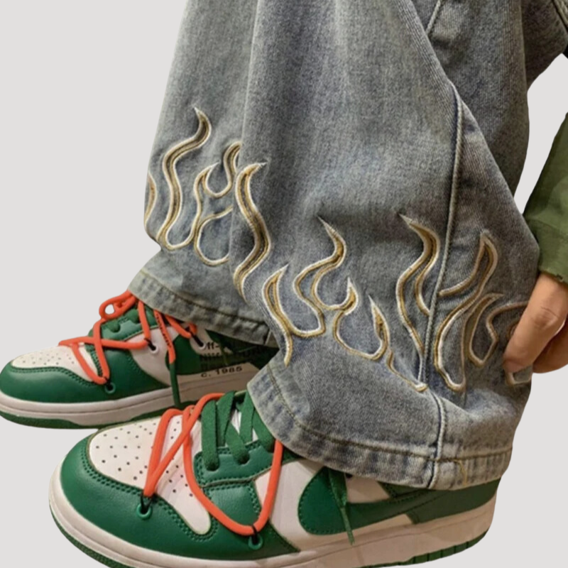 Flame Embroidery Baggy Jeans