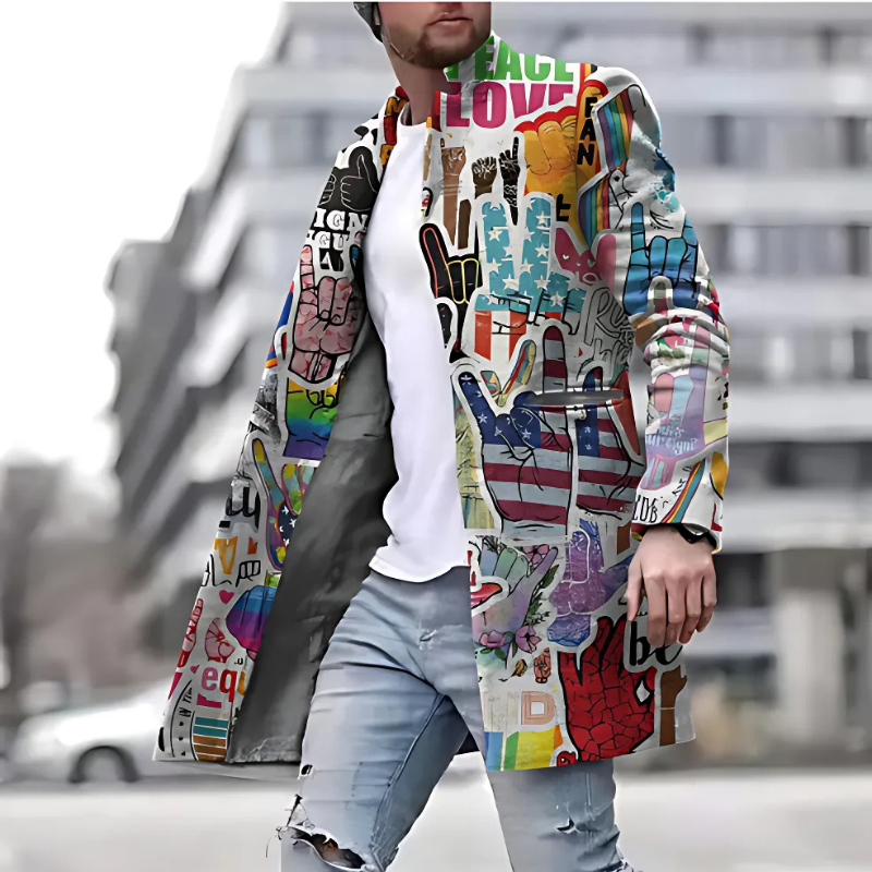 Artistic Graphic Print Men's Long Coat