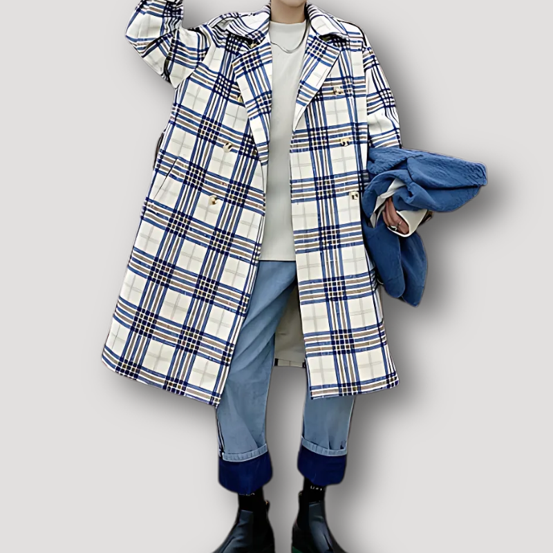 Double Breasted Woolen Plaid Trench Coat for Men