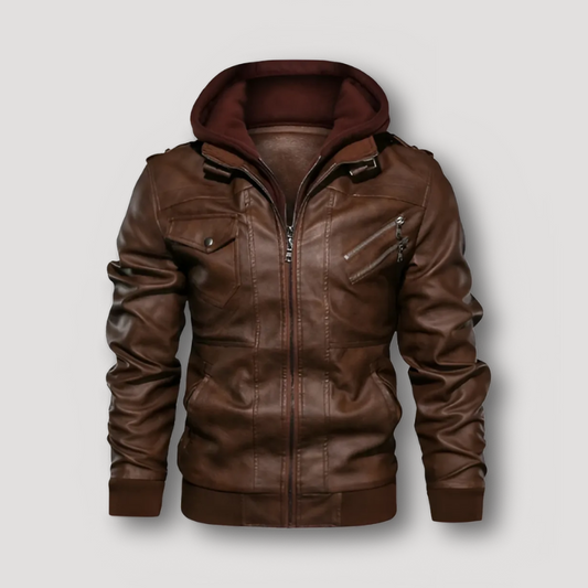 Zip Up Faux Leather Jacket with Hood Men