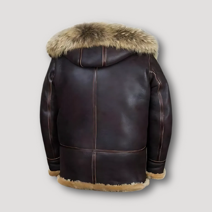 Hooded Faux Fur Lining Brown Leather Jacket Man