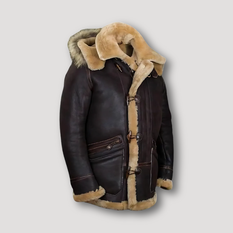 Hooded Faux Fur Lining Brown Leather Jacket Man