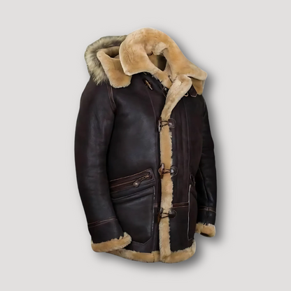 Hooded Faux Fur Lining Brown Leather Jacket Man