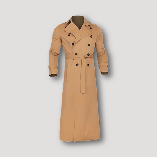 Double Breasted Long Trench Coat Men Classic Belted Overcoat