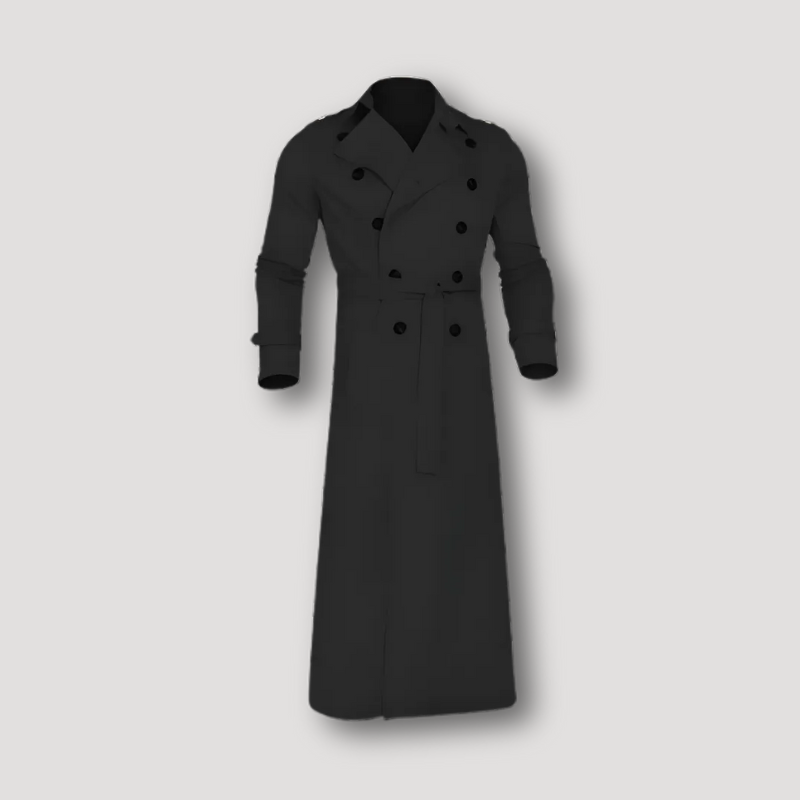 Double Breasted Long Trench Coat Men Classic Belted Overcoat