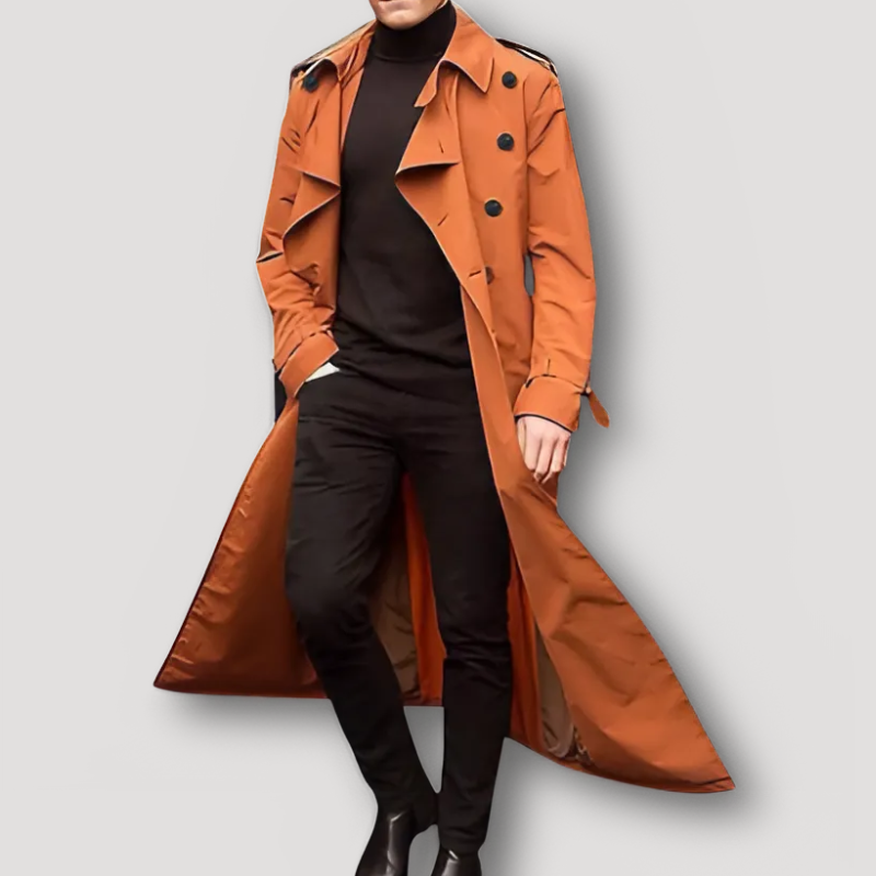 Double Breasted Long Trench Coat Men Classic Belted Overcoat