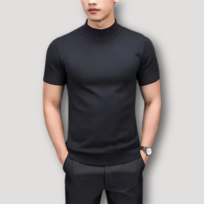 Turtleneck Solid Color Slim Fitted Knitted Tops Short Sleeve