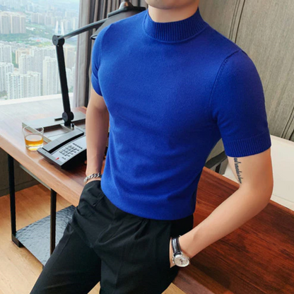 Turtleneck Solid Color Slim Fitted Knitted Tops Short Sleeve