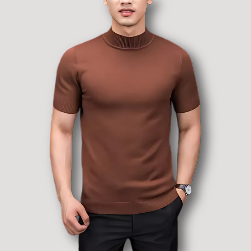 Turtleneck Solid Color Slim Fitted Knitted Tops Short Sleeve