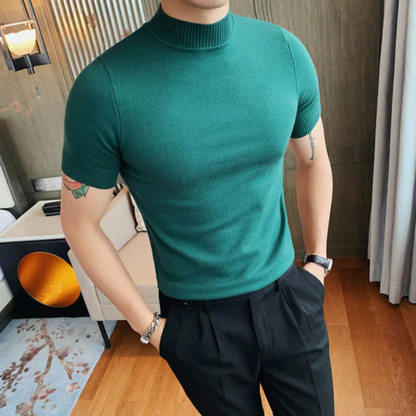 Turtleneck Solid Color Slim Fitted Knitted Tops Short Sleeve