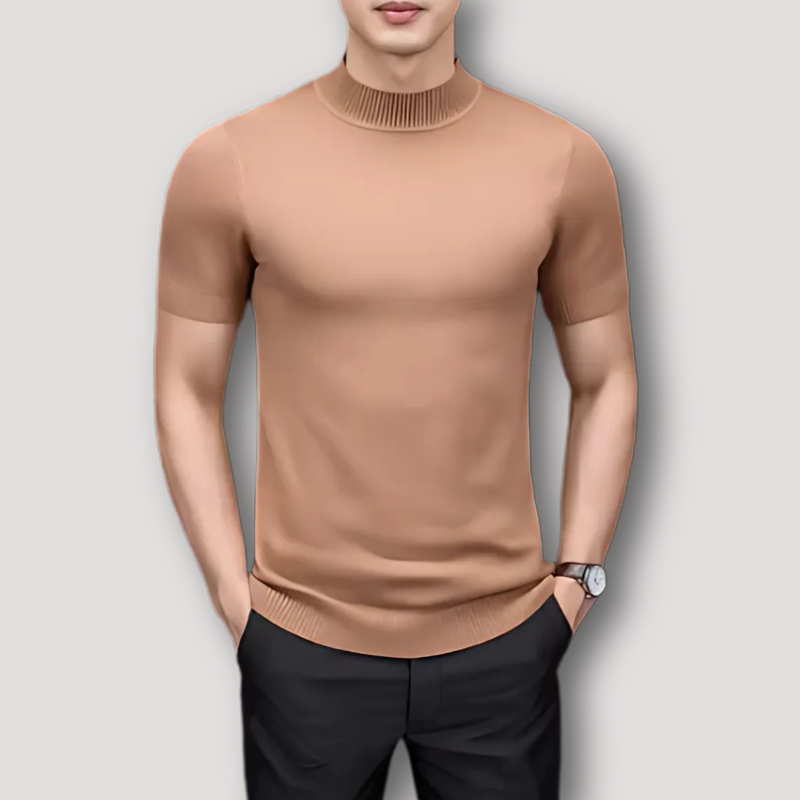 Turtleneck Solid Color Slim Fitted Knitted Tops Short Sleeve