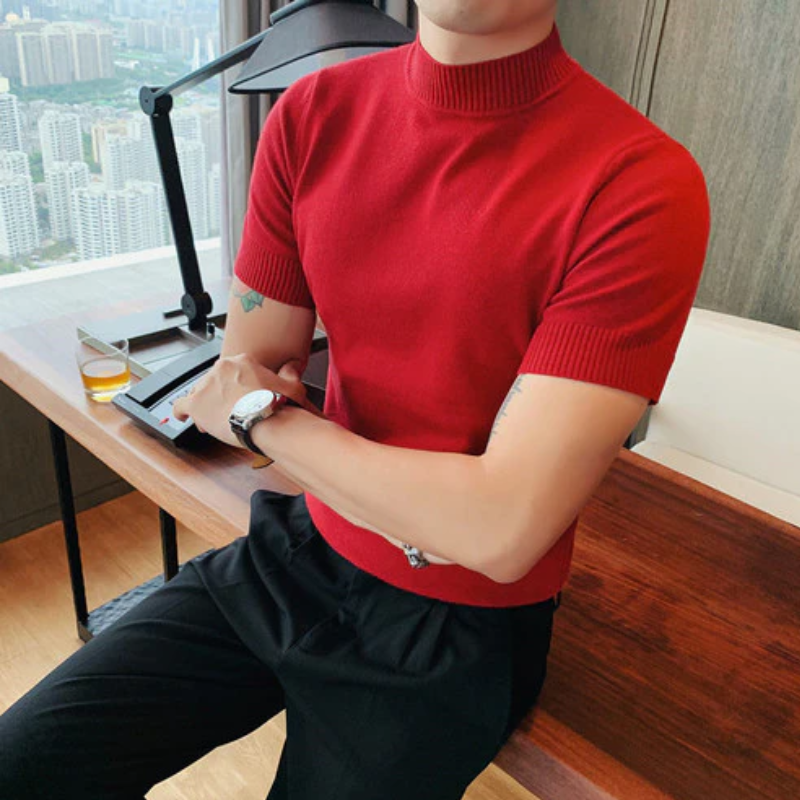 Turtleneck Solid Color Slim Fitted Knitted Tops Short Sleeve