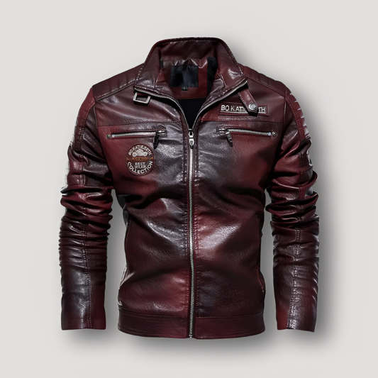 Vintage Belted Collar Leather Motorcycle Jacket for Men