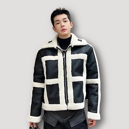 White Fur Accent Black Leather Jacket Man