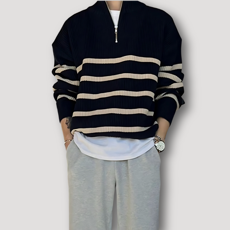 Quarter Zip Striped Oversized Knit Sweater