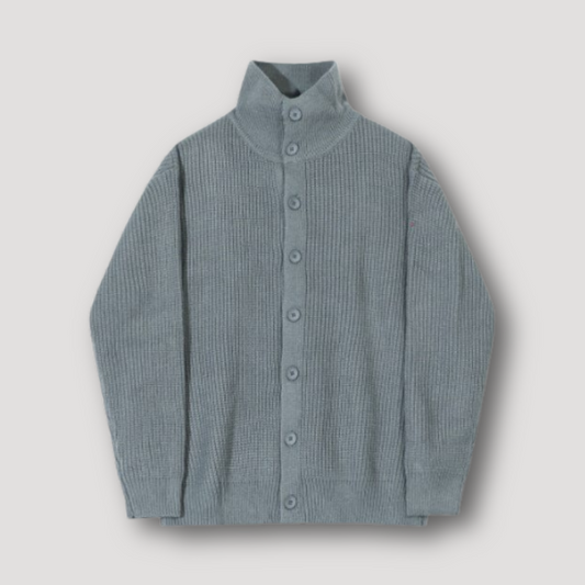 Grey Buttoned Up Ribbed Knit Cardigan Sweater for Men