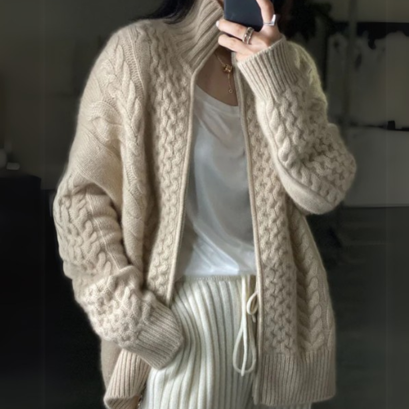 Beige Zip Up Chunky Cable Knitted Sweater Cardigan Women