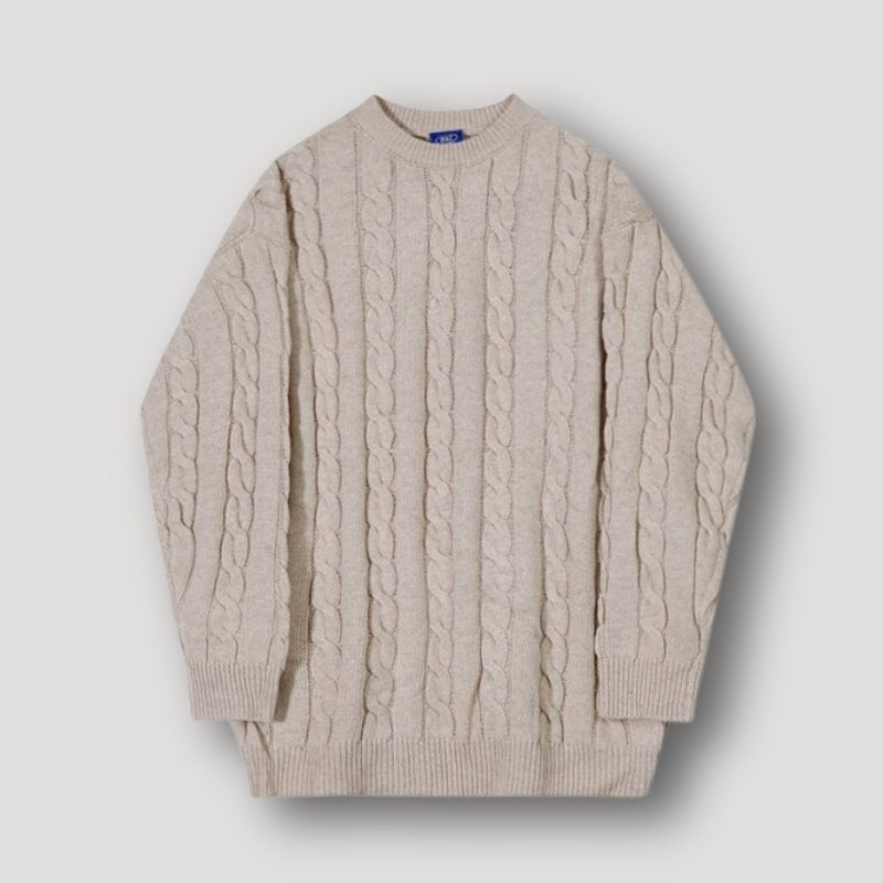 Casual Beige Pullover Chunky Cable Knit Sweater Man