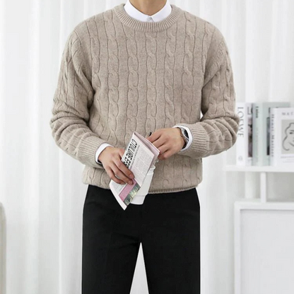 Casual Beige Pullover Chunky Cable Knit Sweater Man