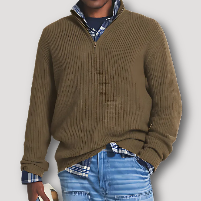 Casual Quarter Zip Ribbed Knit Sweater Man