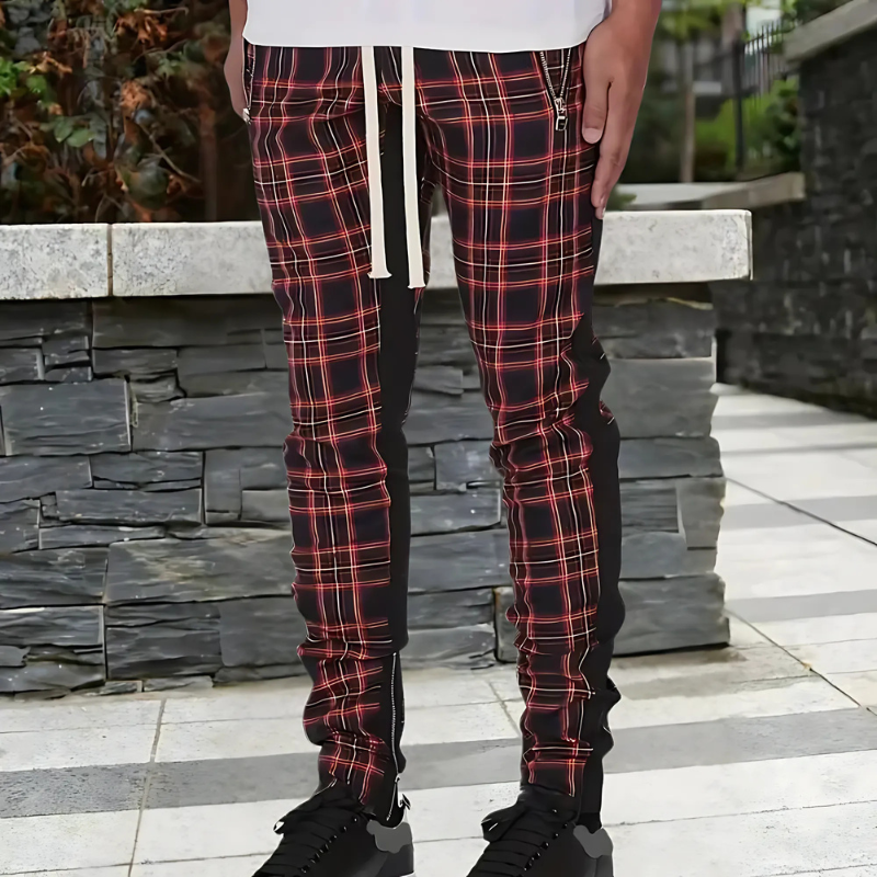 Slim Fitted Red Plaid Pants for Men