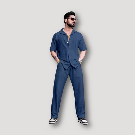 Button Up Navy Blue Linen Shirt and Pants Set