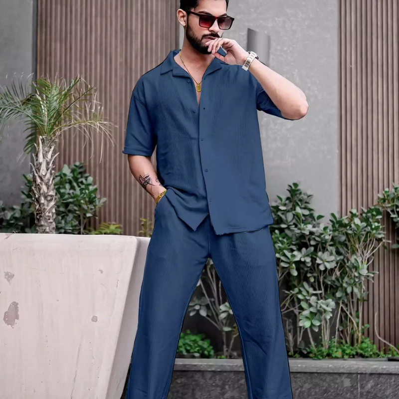 Button Up Navy Blue Linen Shirt and Pants Set