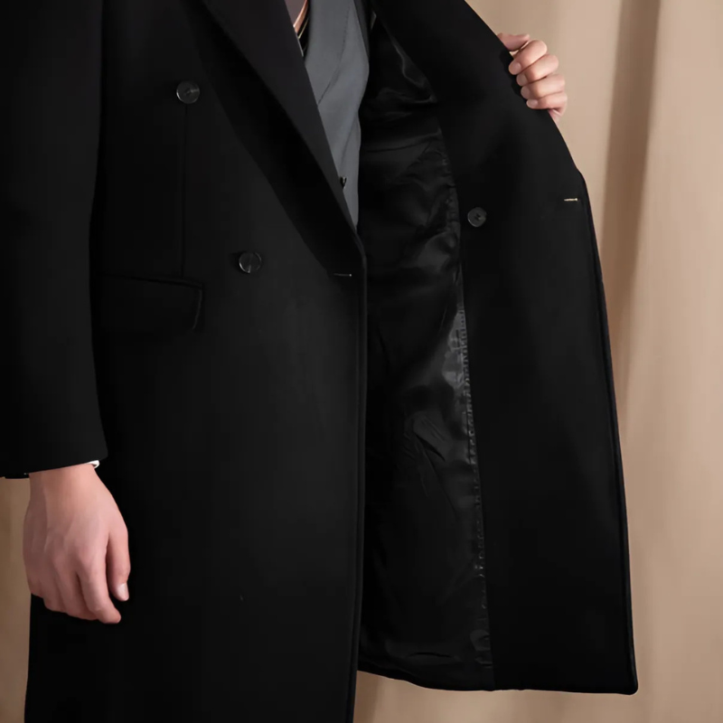 Double Breasted Men's Long Coat in Black