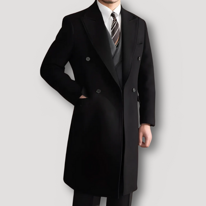 Double Breasted Men's Long Coat in Black