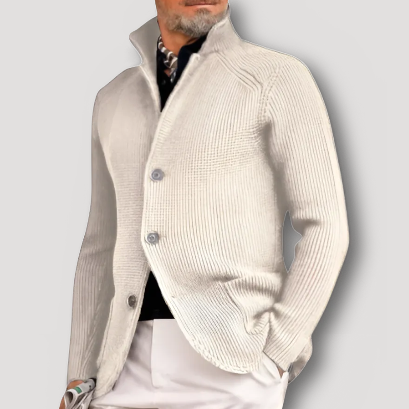 High Collar Button Up Ribbed Knit Cardigan for Men