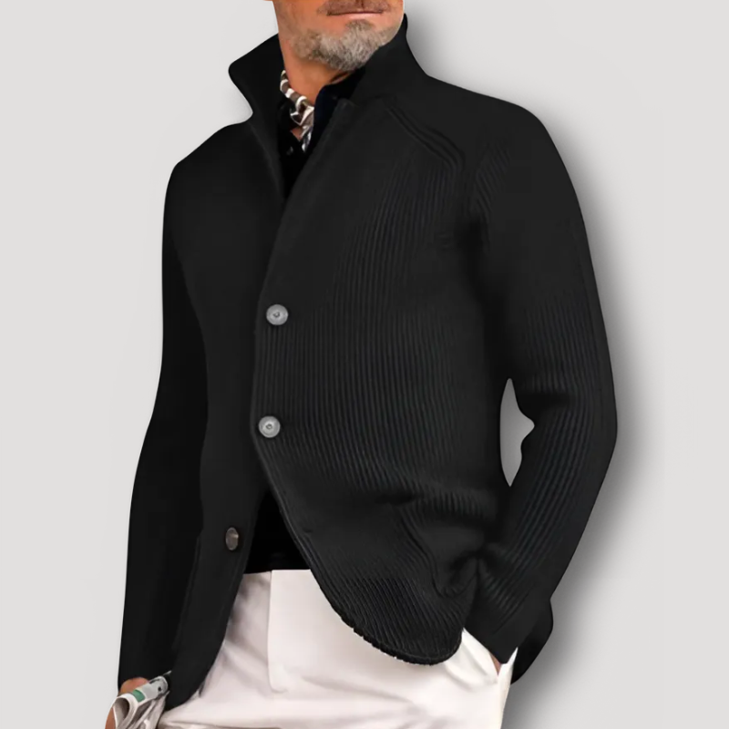 High Collar Button Up Ribbed Knit Cardigan for Men