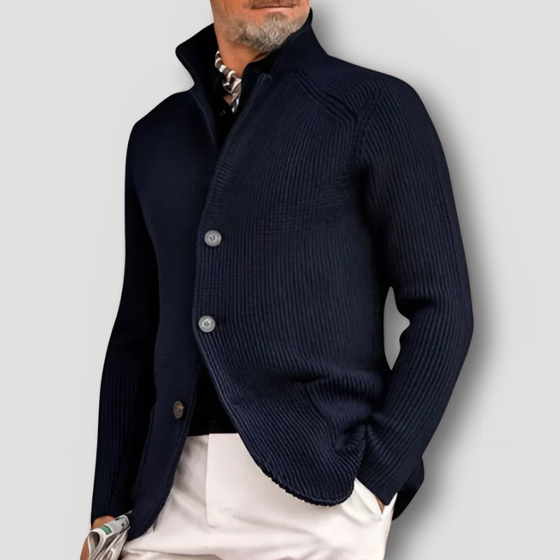 High Collar Button Up Ribbed Knit Cardigan for Men