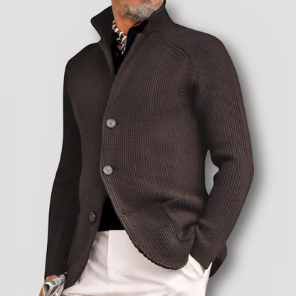 High Collar Button Up Ribbed Knit Cardigan for Men