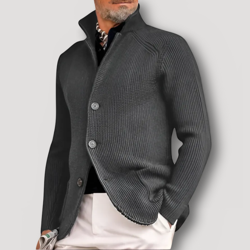 High Collar Button Up Ribbed Knit Cardigan for Men