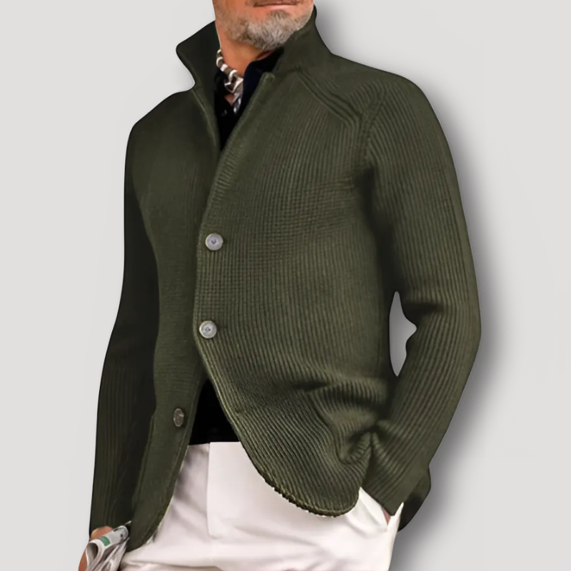 High Collar Button Up Ribbed Knit Cardigan for Men