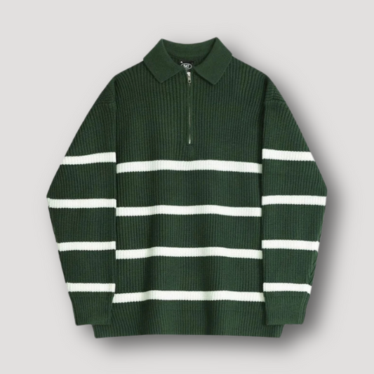 White Stripe Quarter Zip Green Polo Sweater for Men